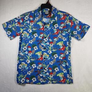Smurfs Hawaiian Shirt Size S Blue Floral Cartoon Aloha‎ Button Up New
